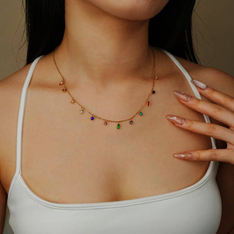 Rainbow Stone Dangle Charm Necklace