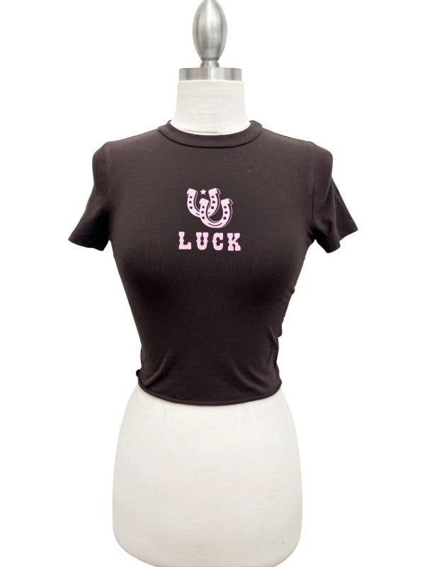 Lucky Horseshoe Cropped Brown Tee