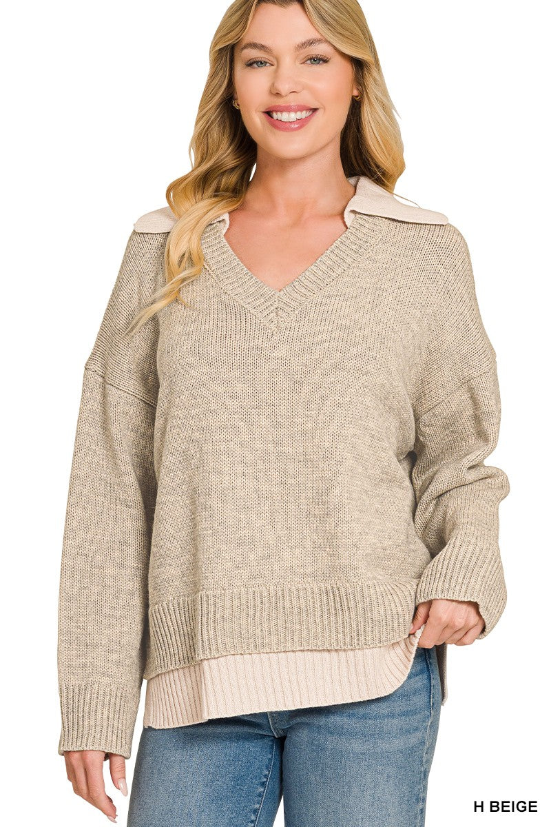 Veronica Collared V-Neck Sweater + Beige/Grey