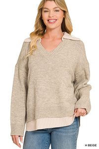 Veronica Collared V-Neck Sweater + Beige/Grey