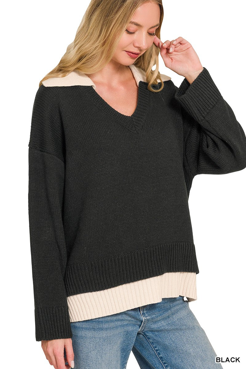 Veronica Collared V-Neck Sweater + Black