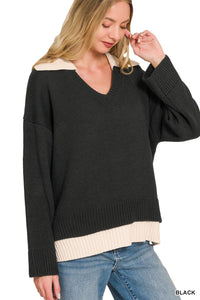 Veronica Collared V-Neck Sweater + Black