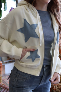 Cream Star Patch Zip-Up Hoodie