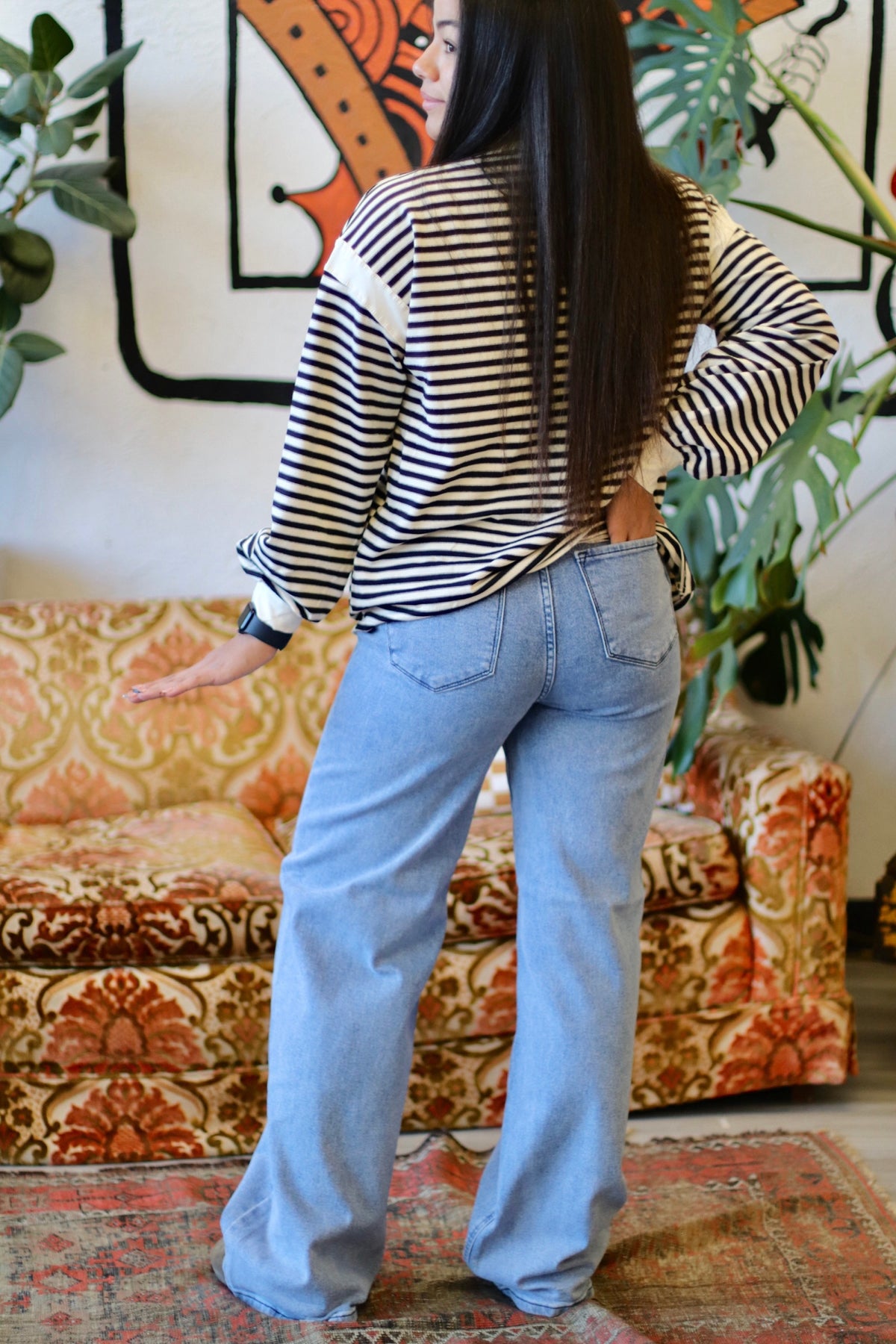 Striped Long Sleeve Casual Top + Black