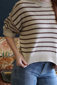 Oat Short Sleeve Striped Knit Top