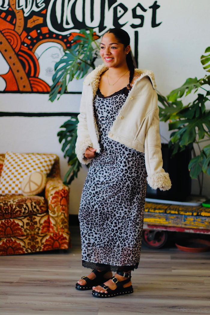 Lace-Trim Leopard Slip Dress in Black