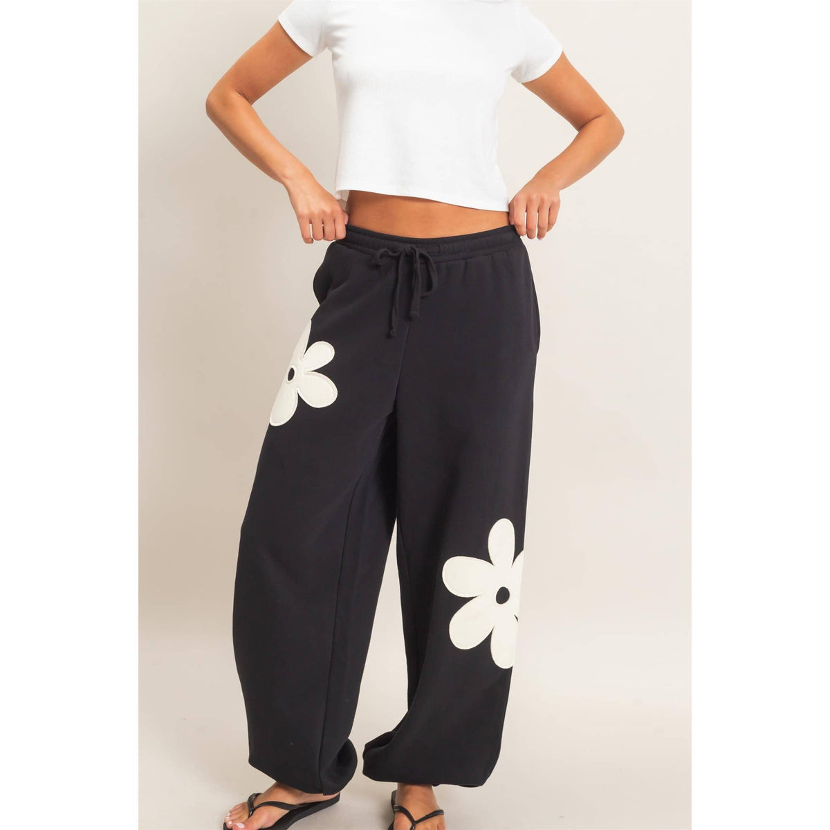 Black Floral Applique Drawstring Jogger Pants