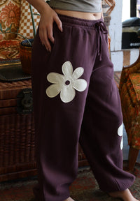 Plum Floral Applique Drawstring Jogger Pants
