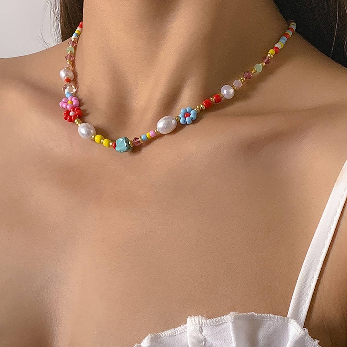 Multi Colored Flower & Pearl Beaded Necklace