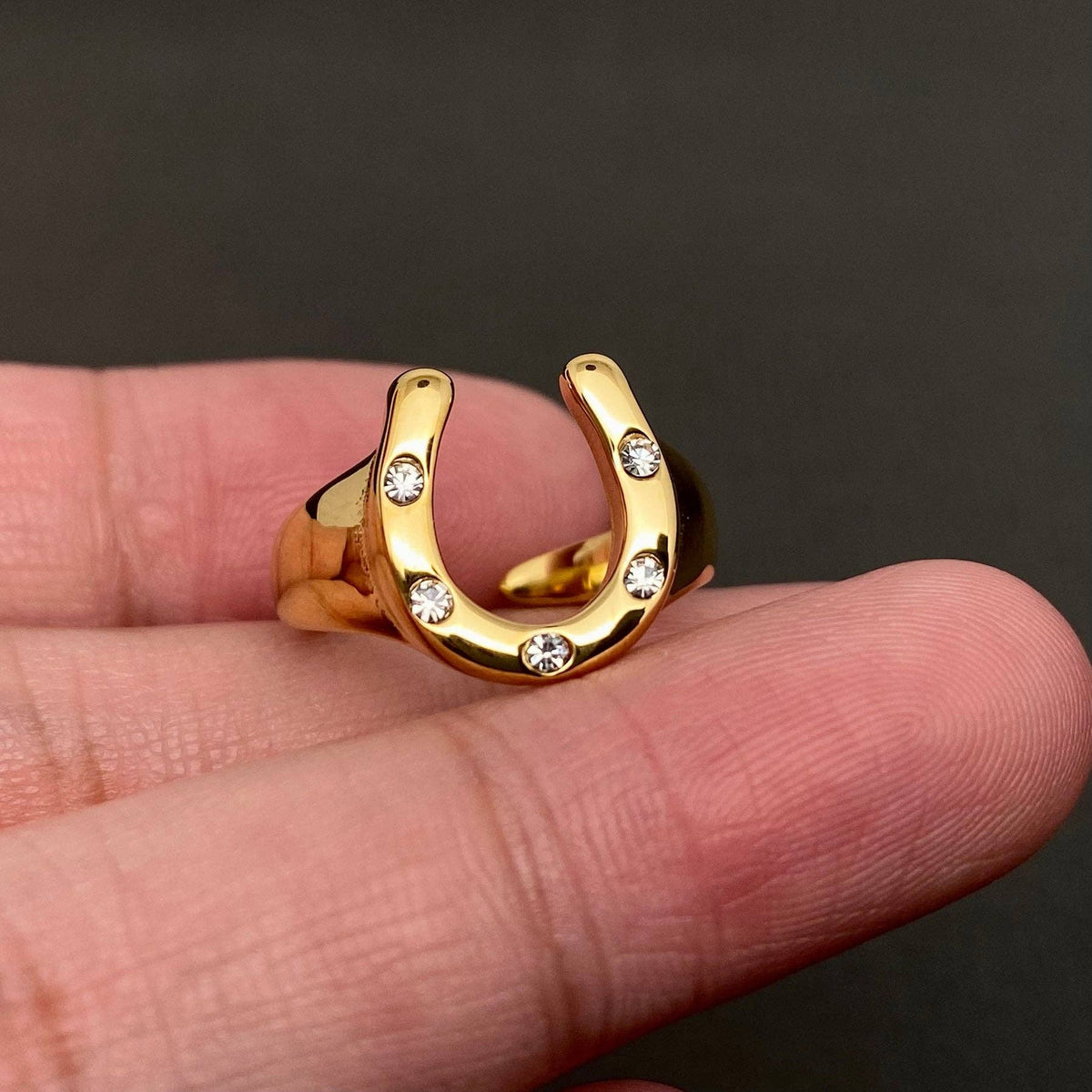 Zircon Inlaid Adjustable Horseshoe 18K Gold Plated Ring