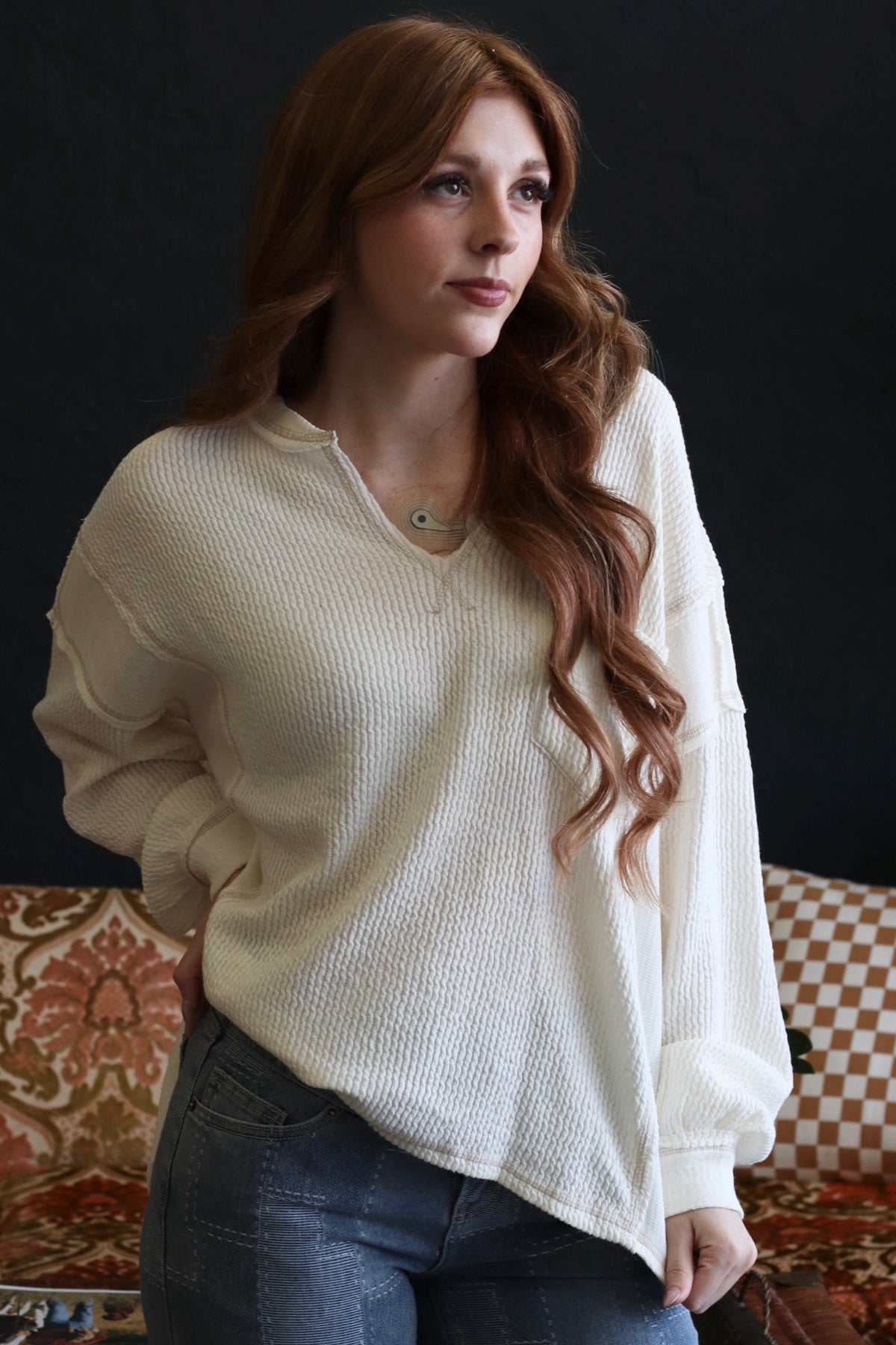 Juliette Ivory V neck Long Sleeve