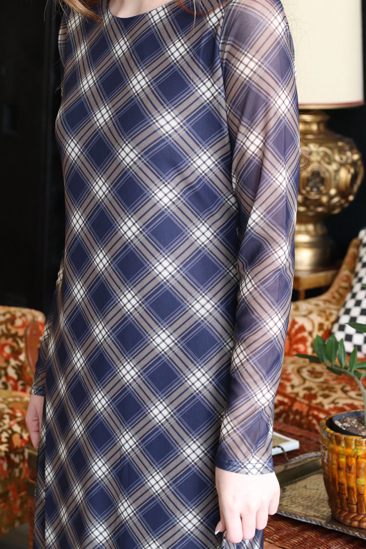 Trinity Navy Plaid Long Sleeve Maxi Dress