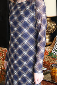 Trinity Navy Plaid Long Sleeve Maxi Dress