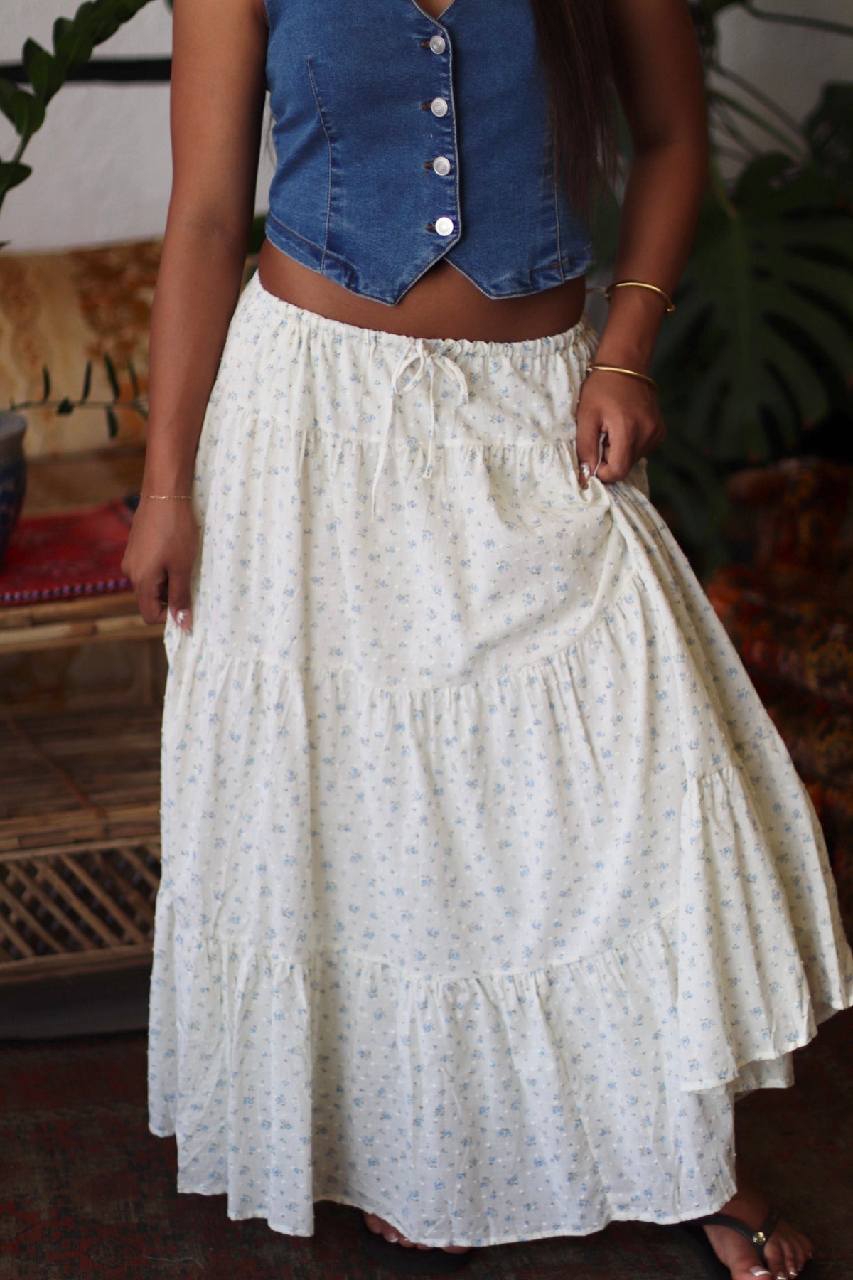 Cream & Blue Floral Tiered Skirt