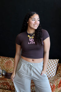 Lucky Horseshoe Cropped Brown Tee