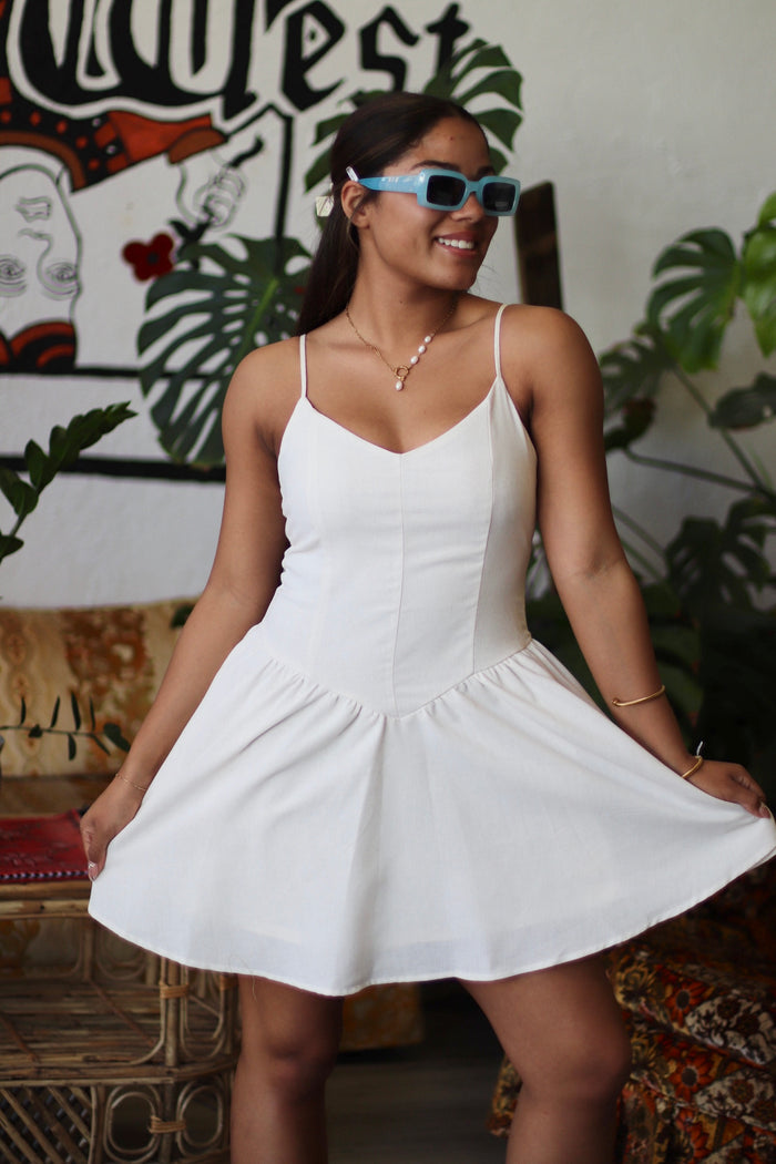 Angel Basque Waist Linen Mini Dress in White