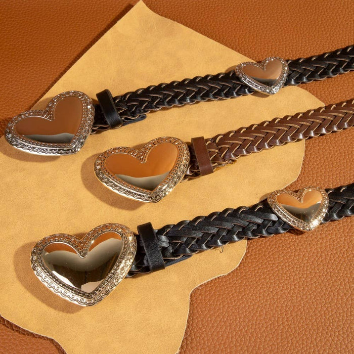 Heart Buckle Braided Vegan Leather Belt
