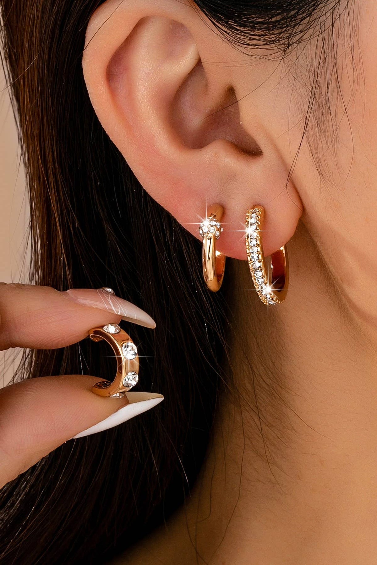 Gold Crystal Huggie Hoop Earring Set Trio
