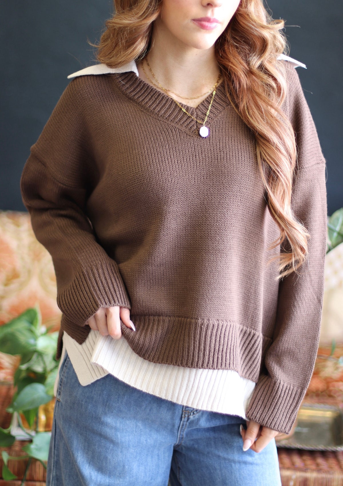 Veronica Collared V-Neck Sweater + Brown