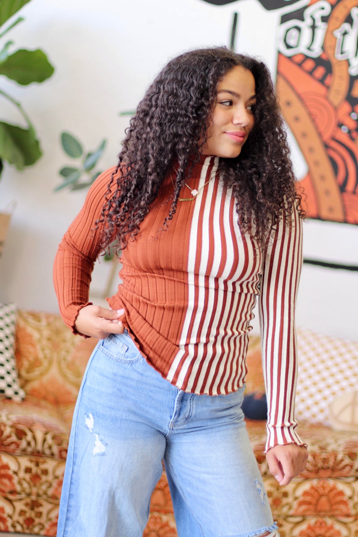 Striped Knit Long Sleeve Top in Rust
