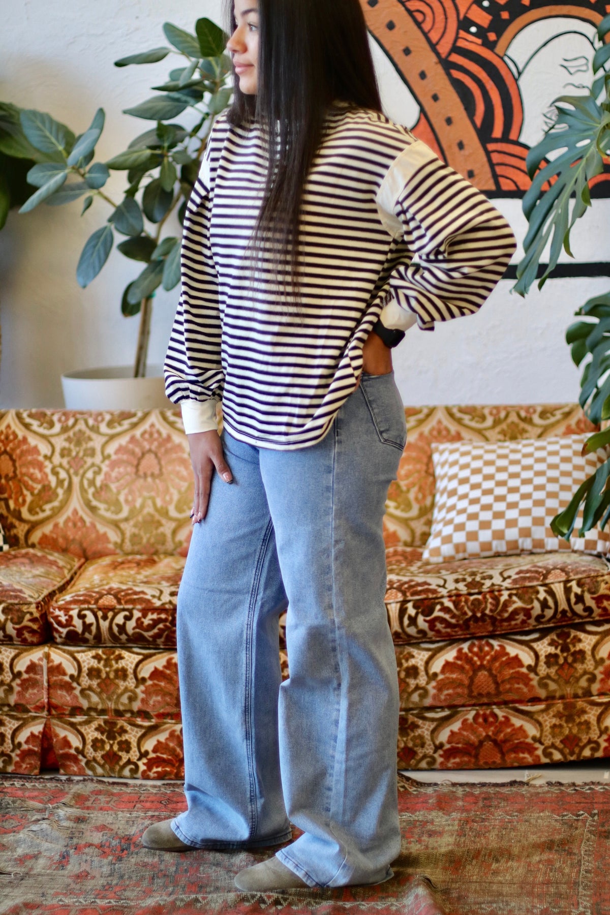 Striped Long Sleeve Casual Top + Black