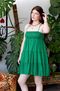 Cotton Smocked Tiered Mini Dress in Green