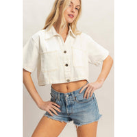 White Denim Collared Short Sleeve Top