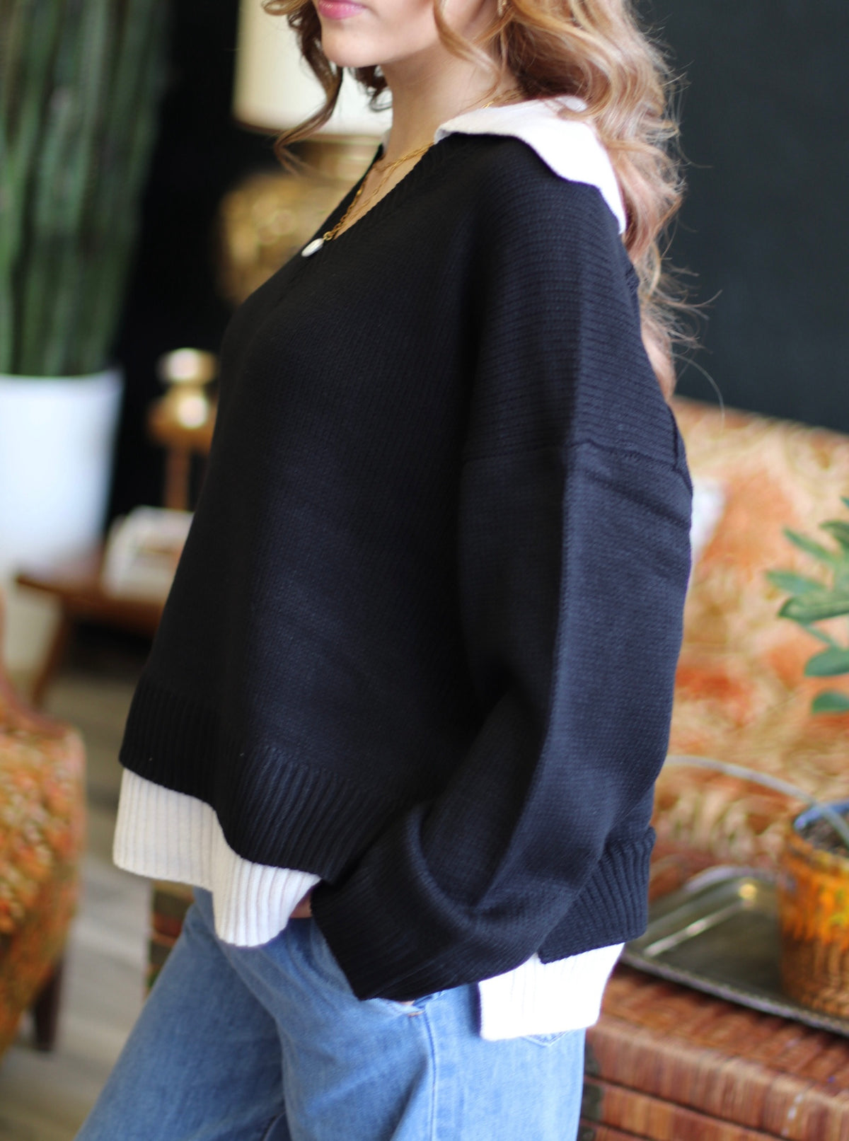 Veronica Collared V-Neck Sweater + Black