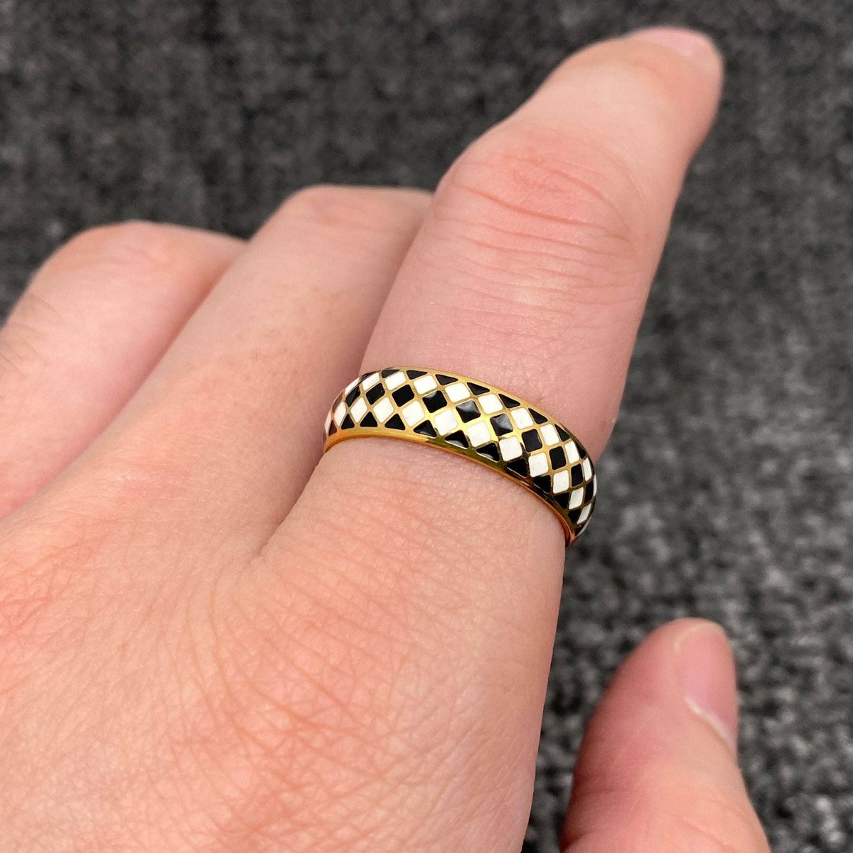 B&W Checkered 18K Gold Plated SS Ring