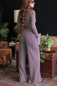 Brown Striped Ribbed Knit Long Sleeve Top & Pants Set