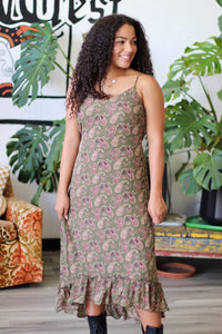 Paisley Print Midi Dress in Olive