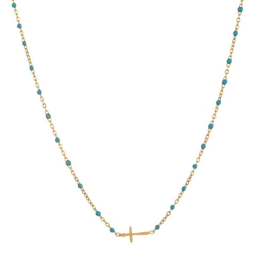 Blue Enamel Gold Cross Horizontal Necklace