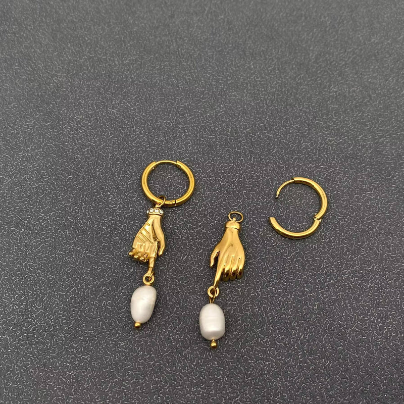 Pearl & Hand 18K Gold Plated Earrings