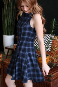 Navy Plaid Sleeveless Woven Mini Dress