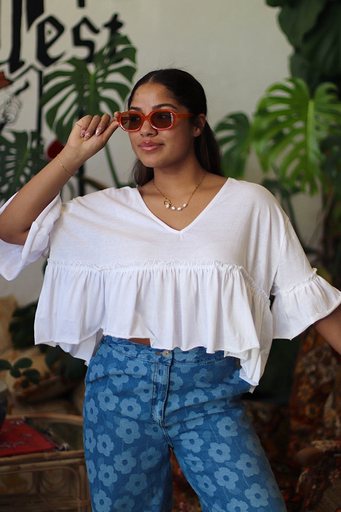 V-Neck Ruffle Hem Top in White