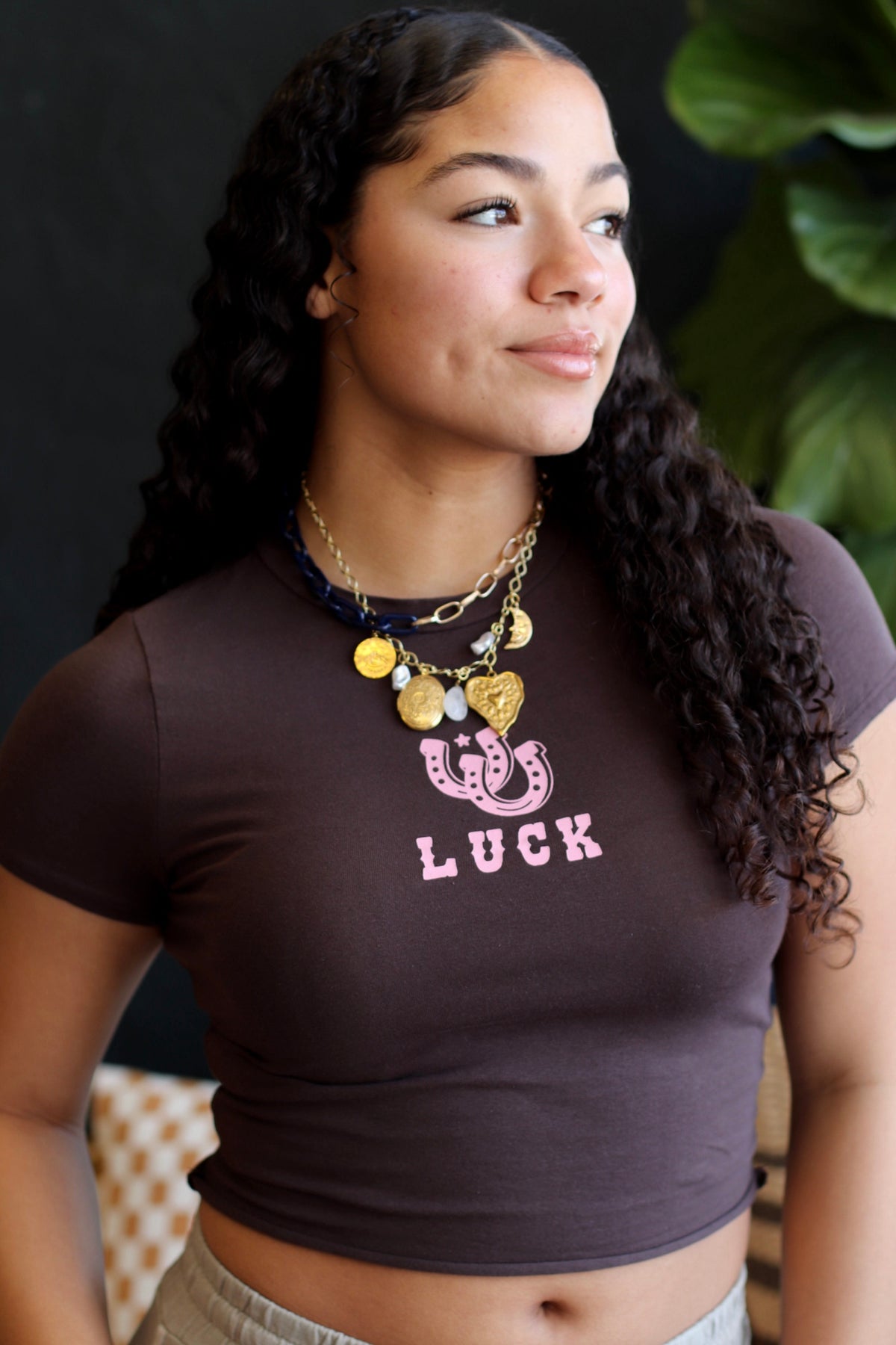 Lucky Horseshoe Cropped Brown Tee