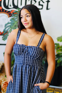 Navy Plaid Corset Midi Dress