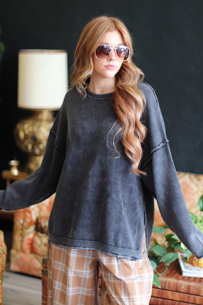 Felicity Oversized Drop Sleeve Raw Edge Crewneck in Charcoal