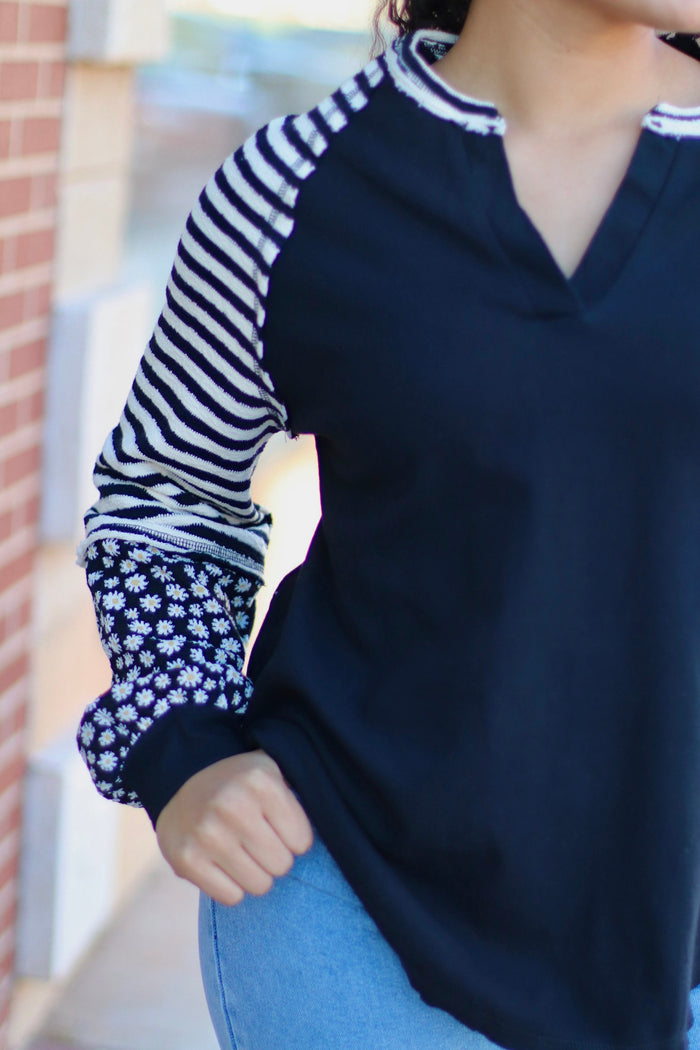 Charcoal Floral & Stripe Casual Knit Top