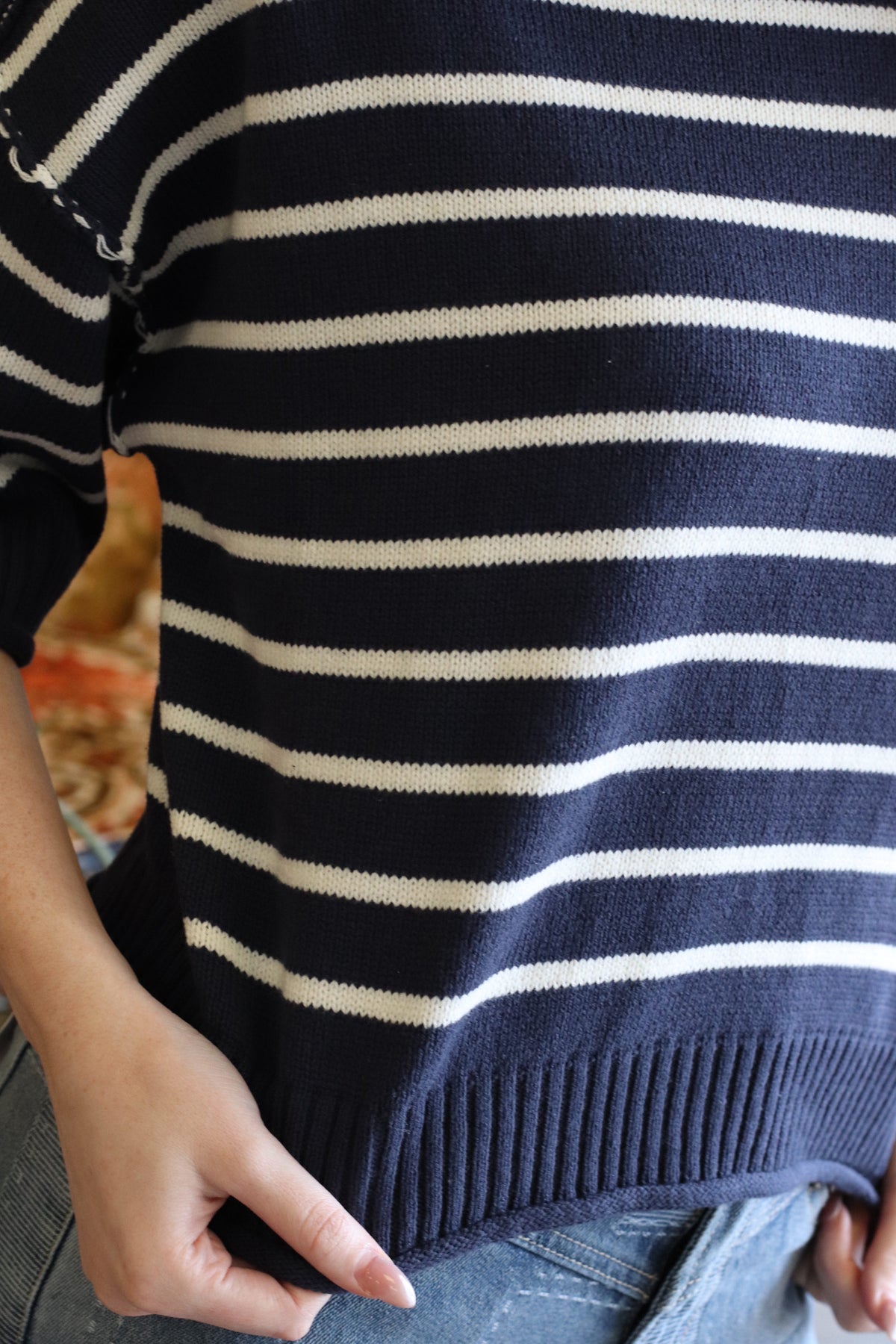Navy Short Sleeve Striped Knit Top