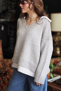 Veronica Collared V-Neck Sweater + Beige/Grey