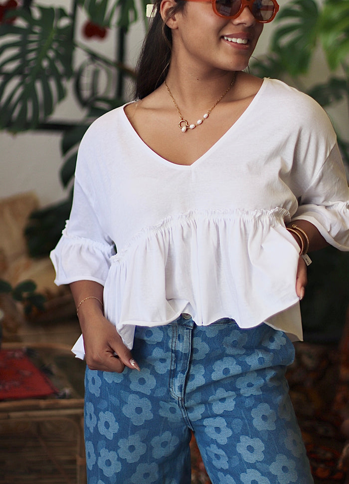 V-Neck Ruffle Hem Top in White