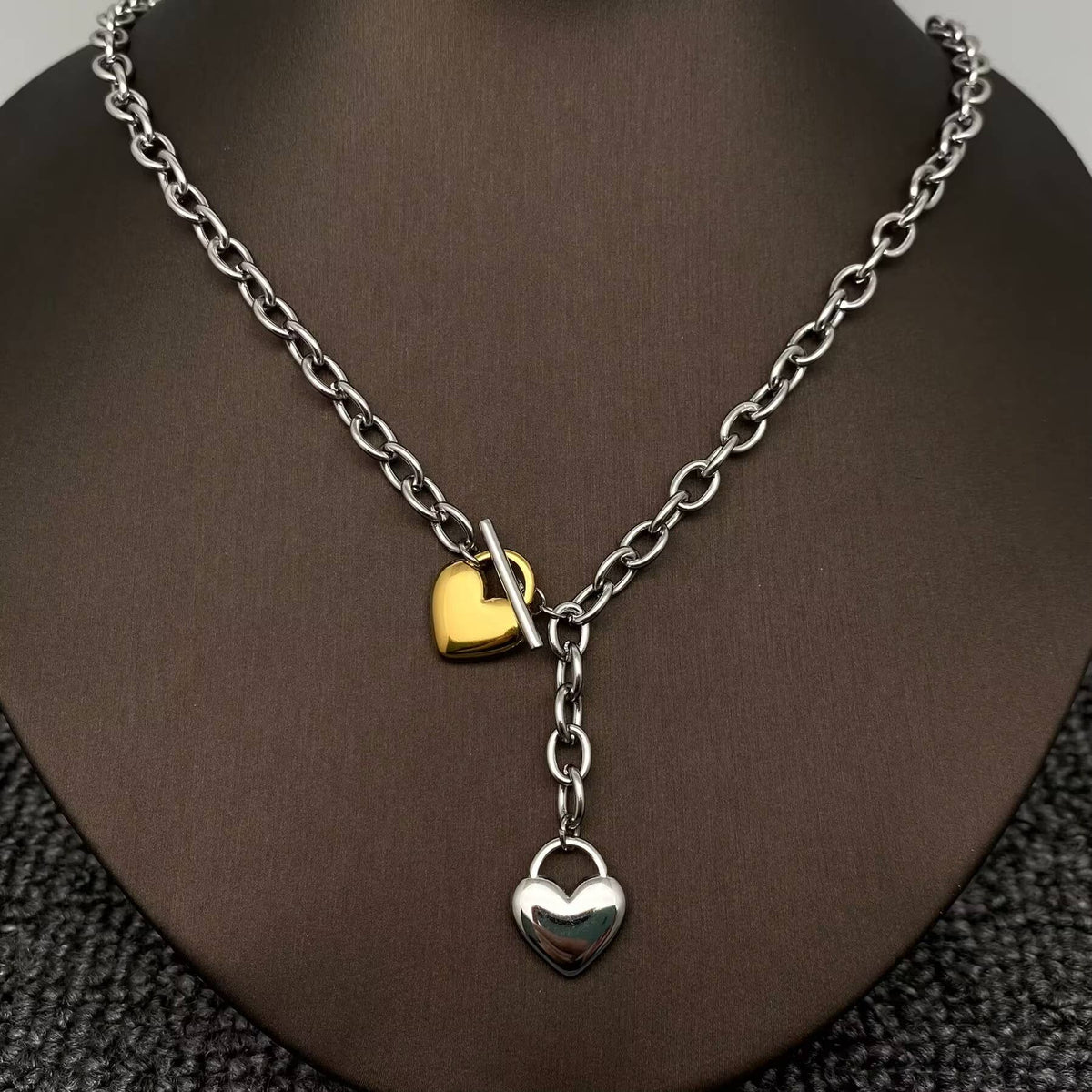 Two Tone Heart Y Necklace