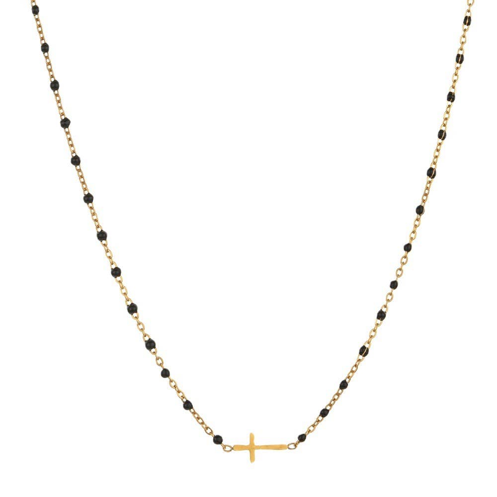 Black Enamel Gold Cross Horizontal Necklace