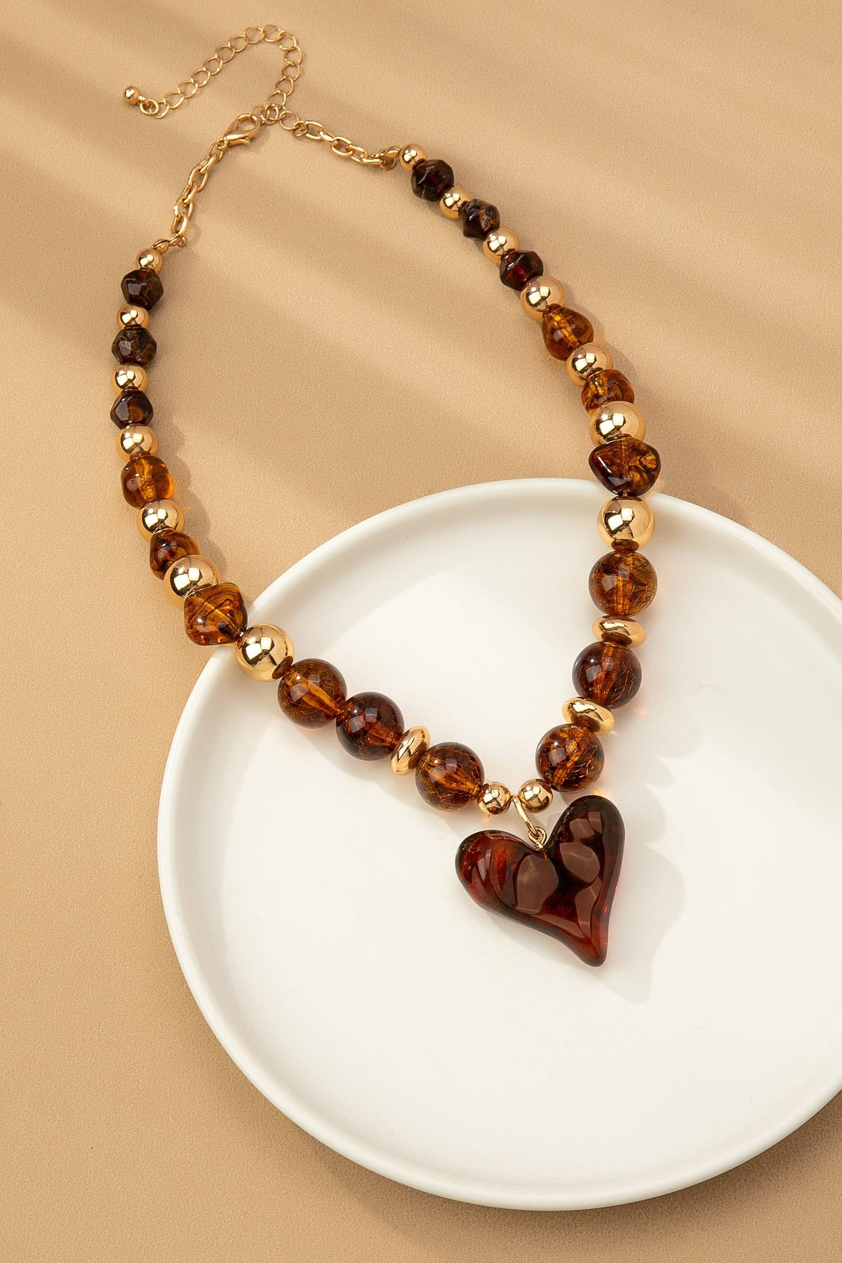 Chunky Brown Beaded Heart Necklace
