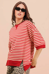 Molly Oversized Stripe Casual Knit Top + Red