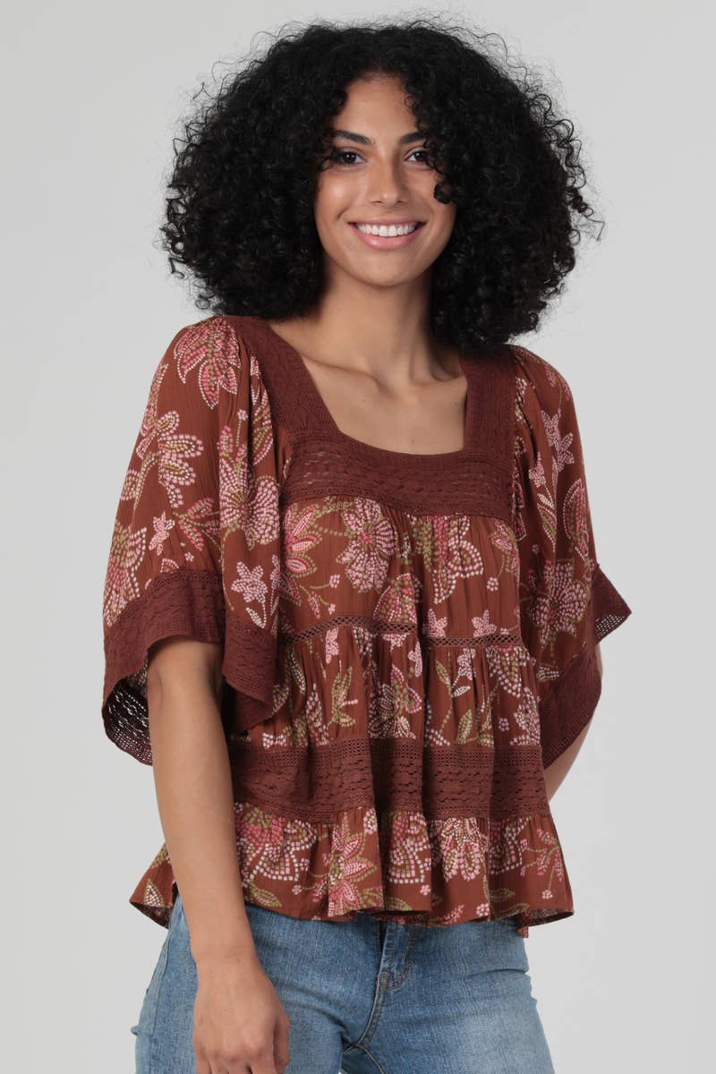 Lacey Floral Tiered Flowy Blouse in Brick