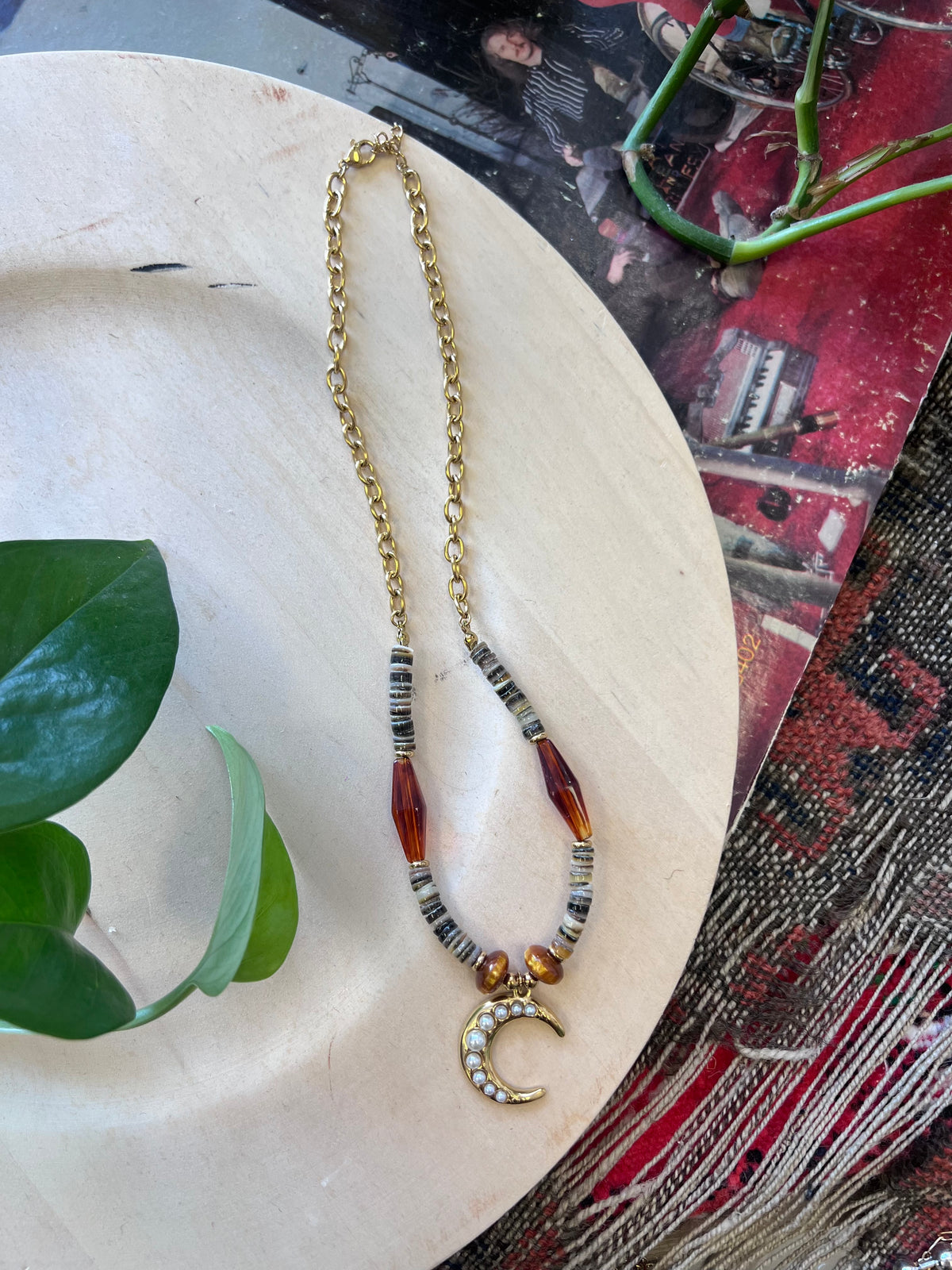 Chunky Boho Beaded Moon Necklace