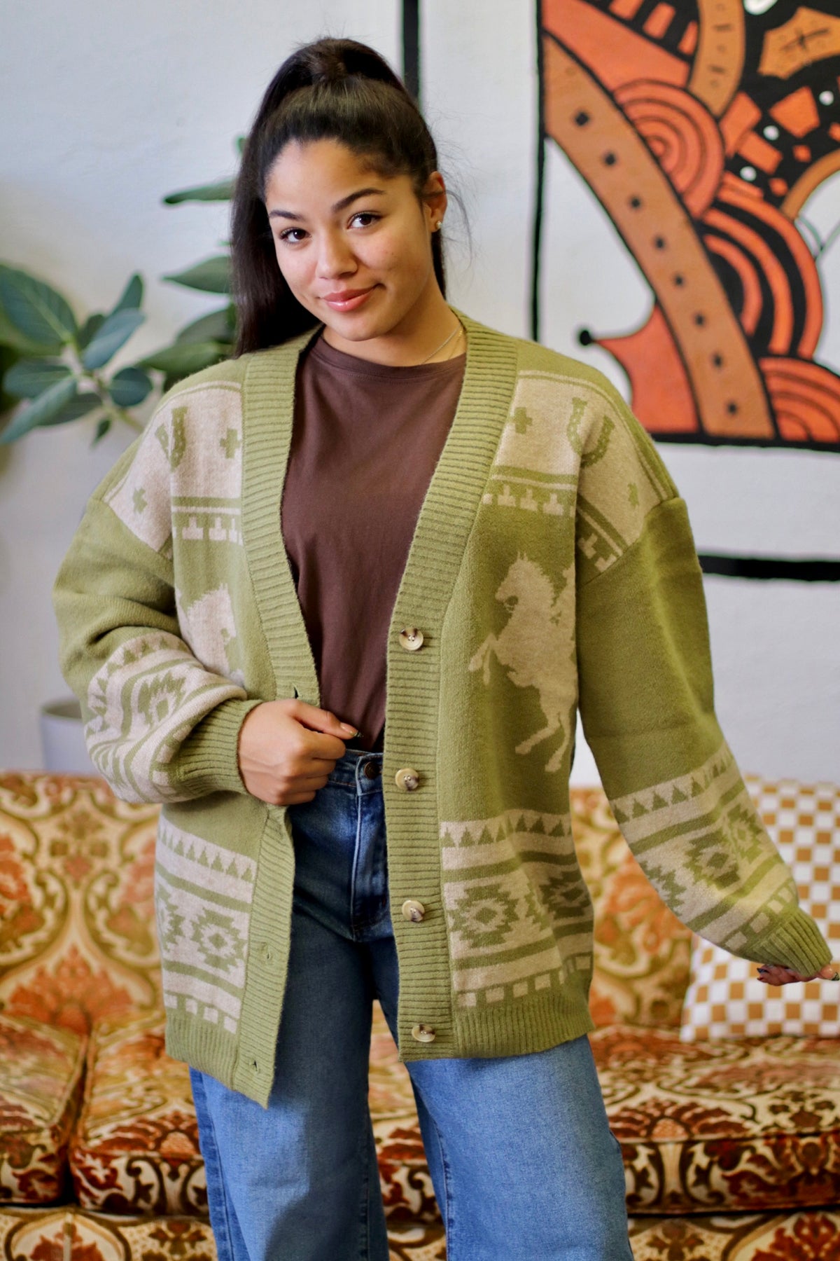 Oversized Western Knit Sweater Cardigan Olive