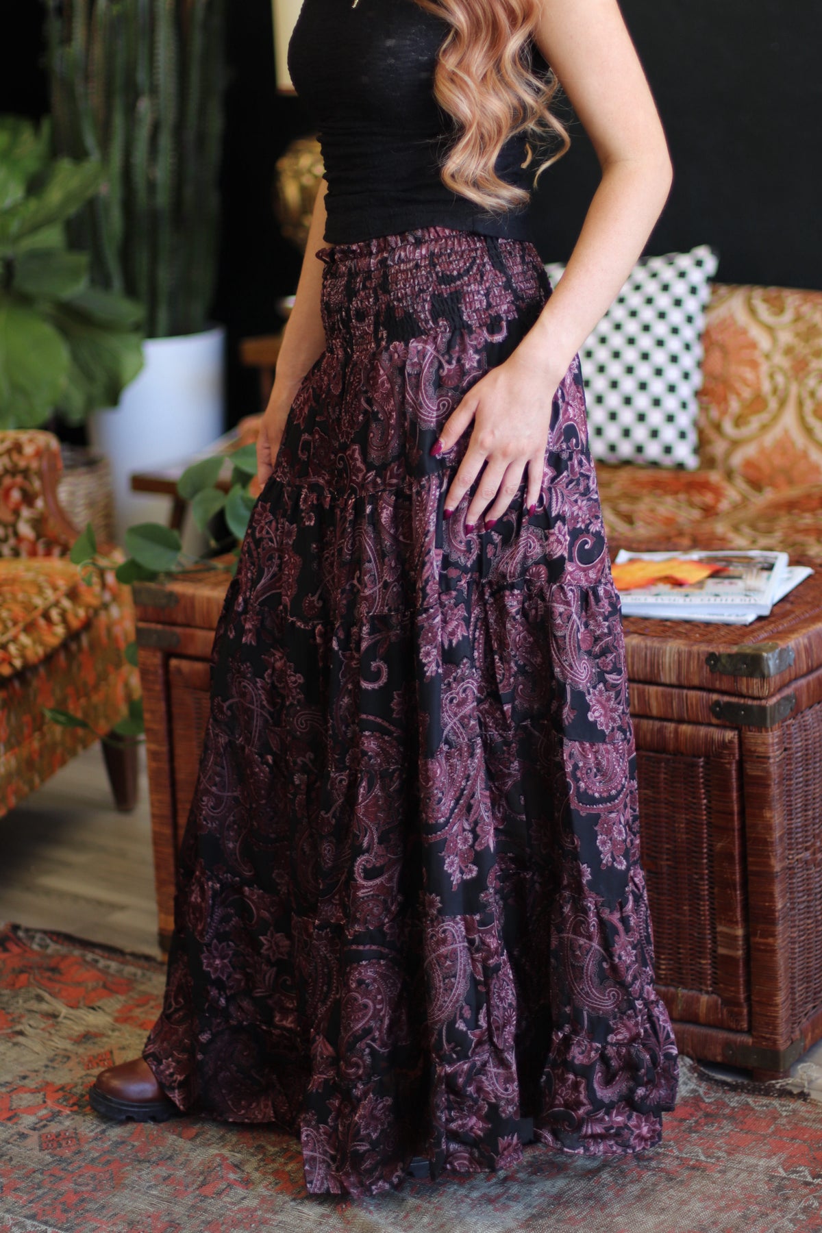 Bethany Black & Wine Paisley Maxi Skirt